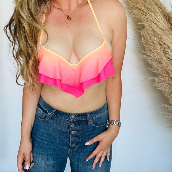 VS VICTORIAS SECRET Pink Ruffle Halter Tie Underwire Plunge Bikini Swim Top XS - Picture 5 of 9